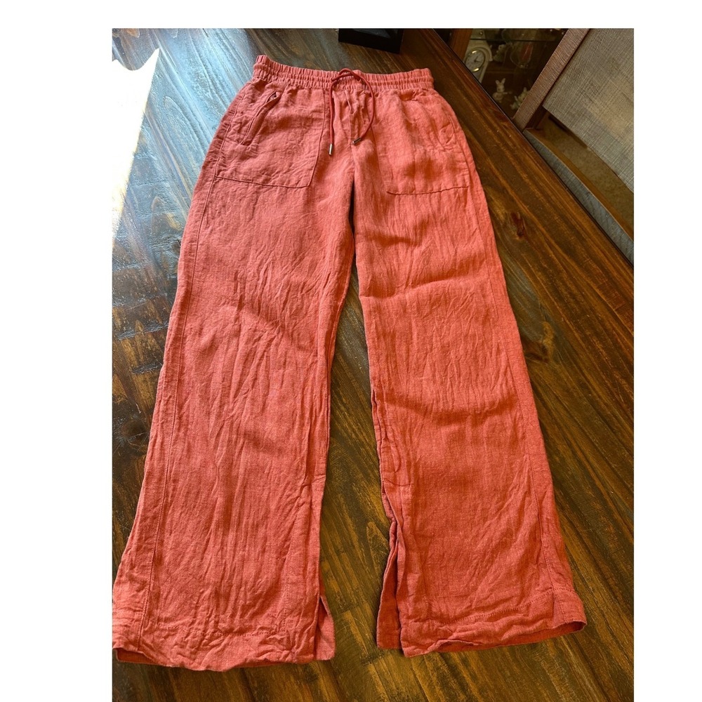 Athleta Linen Wide Leg Drawstring Pants Terracotta Orange Side Slit Woman Size 0